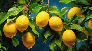 AI generated Ripe juicy lemons grow on branches photo