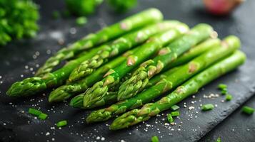 AI generated Asparagus sprouts on cutting board photo