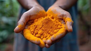 AI generated Crushed turmeric root in hands photo