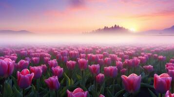 AI generated Delicate pink tulips at sunrise photo