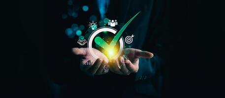 Business performance checklist, businessman using laptop doing online checklist survey, evaluation, online survey, digital form checklist, document control checklist, online survey photo