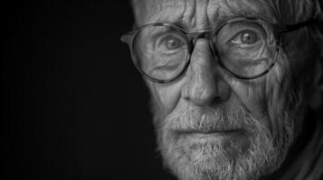 AI Generated bw photo with an elderly sad man on a black background