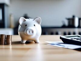 AI Generated In a bright clean kitchen, on the table there is a white back, a piggy bank, next to which there are a calculator, bills, receipts and money, minimalist style photo