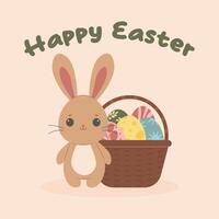 Easter greeting card. Rabbit, Easter eggs and basket. Vector illustration.