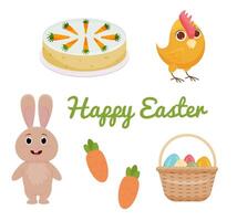 A set with cartoon Easter symbols. easter bunny or rabbit , chicken and eggs, pie, carrot, text, happy easter. Vector. vector