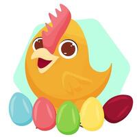 Vector printing template. Cute chicken with colored Easter eggs.