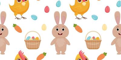 seamless pattern of happy Easter. Rabbit, chicken, eggs, pie, carrot. vector illustration