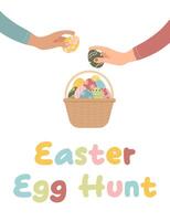 Easter Egg hunt. Family, child pick up easter eggs. vector flat illustration