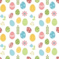 Seamless spring pattern with Easter eggs and flowers. Vector flat illustration.