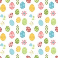 Seamless spring pattern with Easter eggs and flowers. Vector flat illustration.