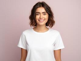 ai generado sonriente mujer en blanco t - camisa en rosado antecedentes foto