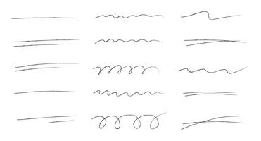 Charcoal strokes. Set of black hand drawn brush lines on white background. Collection of vector grunge brushes. Vector horizontal chalk lines hand drawn