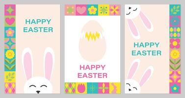 Set Happy Easter greeting cards with Groovy cute Bunny in trendy Geometric style. Vector illustration