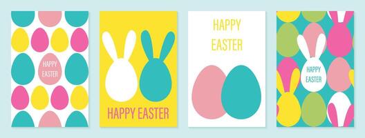 contento Pascua de Resurrección conjunto de carteles, tarjetas o cubre en moderno minimalista estilo con huevos y Conejo orejas. de moda linda plantillas para publicidad, marca, Felicidades o invitaciones vector