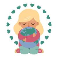 Earth day. flat vector illustration. cute girl hugging Earth planet
