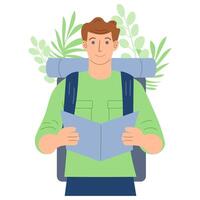 concepto de ecoturismo, expedición, viaje. un hombre con un mochila sostiene un mapa en su manos. vector