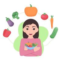 The person eats fresh vegetables and fruits. vegan food. Flat vector illustration. A healthy vegetarian diet.