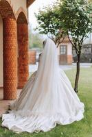 Photo from the back. A beautiful young woman in a white wedding dress is smiling on a warm wedding summer day