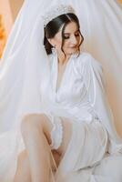 Beautiful bride in a dressing gown in the morning before the wedding ceremony. Incredible hairstyle of the bride. Natural and modern makeup. Portrait of a young bride in a dressing gown. photo