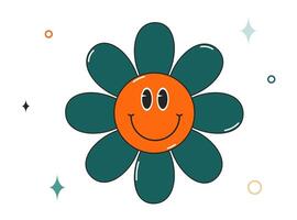 Groovy flower character. Hippie 70s style. Sticker, t-shirt design in trendy retro style. Vector illustration isolated on a white background.