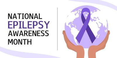 National epilepsy awareness month. World Epilepsy Day. Purple ribbon and silhouette of planet in human hands. Vector template for banner, card, poster, flyer, presentation.