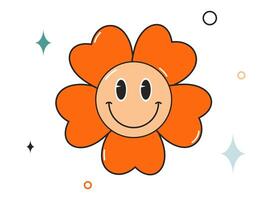 Groovy spring flower character. Hippie 70s style. Sticker, t-shirt design in trendy retro style. Vector illustration isolated on a white background.