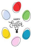 Easter vertical banner with lettering and colorful eggs. Flat minimalistic vector illustration. Lineart modern style. Hand drawn boho background. Template for greeting card.