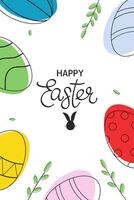 Happy Easter vertical background with colorful eggs and green branches. Flat minimalistic vector illustration. Linear modern style. Greeting card, banner, sale, mail, invitation.