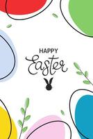 Easter greeting card with colorful eggs and green branches. Flat minimalistic vector illustration. Linear modern style. Hand drawn background in boho style. Template for banner, flyer, poster.