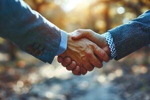 AI generated Two professionals shaking hands outdoors , symbolizing agreement and trust. photo