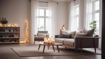 AI generated Cozy interior of a modern living room in the style hygge - sofa with cushions white and gray colors, cozy knitted, plaid, minimalism, candles. AI generated photo