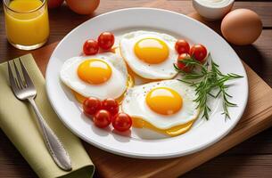 AI generated Fried eggs close up on a white plate with herbs on table. Traditional delicious breakfast. AI generated photo