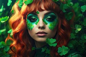 AI generated Makeup and hairstyle of a young woman in green with clover leaves for St. Patrick's Day. Close-up beauty portrait. AI generated photo