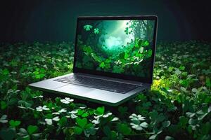 AI generated Laptop with a green clover on the monitor in a magical decor for St. Patrick's Day. Seasonal remote work, internet, a holiday card, shopping, Luck, green house. AI generated photo