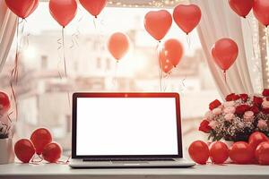 AI generated Laptop a white screen mock up on a table with a Valentine's day decor with heart-shaped balloons, petals and a bouquet of flowers. Online greetings, festive remote work, shopping. photo