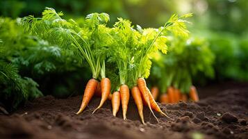 AI generated A ripe harvest of orange carrots in the garden with a ray of sunshine is the autumn harvest of a natural eco-friendly product from your garden. AI generated photo