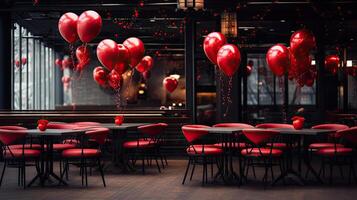 ai generado el mesas en el café son decorado con rojo globos en el forma de un corazón para San Valentín día. ai generado foto