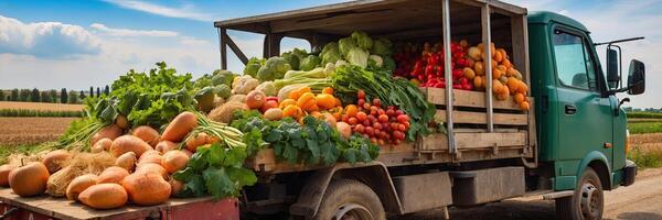 AI generated Old truck with an autumn harvest of vegetables and herbs on a plantation - a harvest festival, a roadside market selling natural eco-friendly farm products. AI generated photo