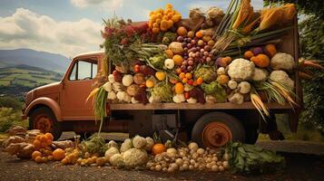 AI generated Old truck with an autumn harvest of vegetables and herbs on a plantation - a harvest festival, a roadside market selling natural eco-friendly farm products. AI generated photo