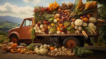 ai generado antiguo camión con un otoño cosecha de vegetales y hierbas en un plantación - un cosecha festival, un borde del camino mercado de venta natural Respetuoso del medio ambiente granja productos ai generado foto