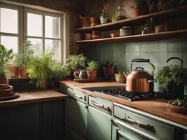 AI generated The interior of the loft-style kitchen with lots of green potted plants. Green house, modern kitchen. ai generated photo