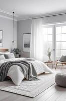 AI generated Cozy interior of a modern bedroom in the style hygge - white and gray colors, cozy knitted bedspread, plaid, minimalism, potted plant. AI generated photo