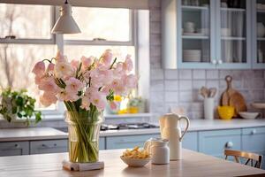 AI generated Spring interior of a modern kitchen with bouquets of flowers - spring time, spring mood. AI generated photo