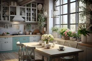 AI generated Spring interior of a modern kitchen with bouquets of flowers - spring time, spring mood. AI generated photo