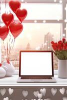 AI generated Laptop a white screen mock up on a table with a Valentine's day decor with heart-shaped balloons, petals and a bouquet of flowers. Online greetings, festive remote work, shopping. photo