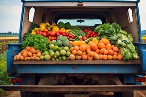 AI generated Old truck with an autumn harvest of vegetables and herbs on a plantation - a harvest festival, a roadside market selling natural eco-friendly farm products. AI generated photo