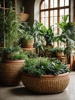 AI generated Interior of the living room of a green house, a winter garden, a glazed veranda in eco-style made of natural materials and many homemade potted plants in wicker flowerpot. AI Generated photo