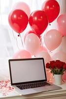 AI generated Laptop a white screen mock up on a table with a Valentine's day decor with heart-shaped balloons, petals and a bouquet of flowers. Online greetings, festive remote work, shopping. photo
