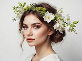AI generated A young brunette woman with a hairstyle of spring flowers in her hair on a white solid background. Feminine beauty portrait, makeup, hairstyle, stylist, feminine energy photo