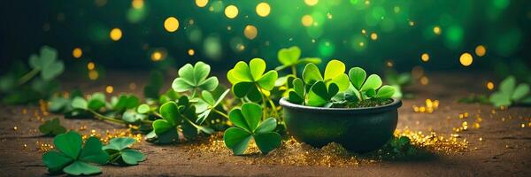 AI generated Background of green clover and gold dust for St. Patrick's Day. Patrick Day Banner. AI generated photo